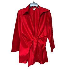3 Sisters Silk Top Open Front Kimono Cardigan Tie Closure Red Made In USA